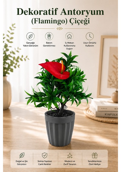Antoryum Flamingo Dekoratif Saksılı Yapay Çiçek - Yeşil Yapraklı Balkon Salon Mutfak Ofis Dekor Çiçeği Kırmızı