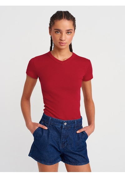 Dilvin 31673 V Yaka T-shirt-k.kırmızı K.kırmızı Kırmızı