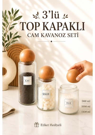 3'lü Ahşap Top Kapaklı Cam Kavanoz Seti Çerezlik Baharatlık Mantar Top Kapaklı Saklama Kabı Şeffaf