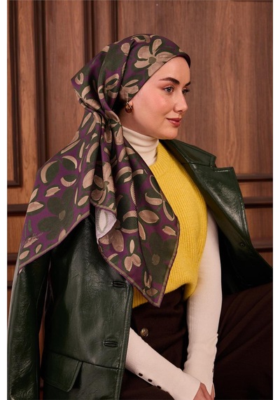 Silk Home Twill İpek Eşarp Erguvan Yeşil Vizon Papatya Desenli Tok Duruşlu 90x90 Çok Renkli
