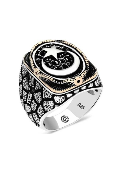 Gümüş Ay Yıldız Oval Erkek Yüzük - 555892510