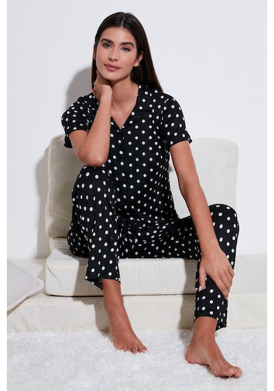 Lela Regular Fit Gömlek Yaka Kısa Kollu Bayan Pijama Takımı 65780124 Siyah