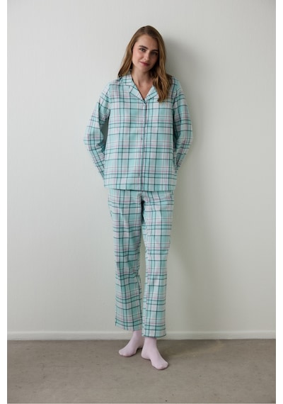 Penti Mint Ellie Ekoseli Gömlek Yaka Pamuklu Uzun Kollu Pijama Takımı