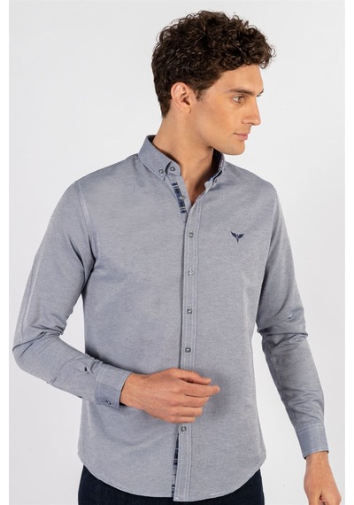 Tudors Slim Fit Dar Kesim Uzun Kol Erkek Gömlek-23452 Gri