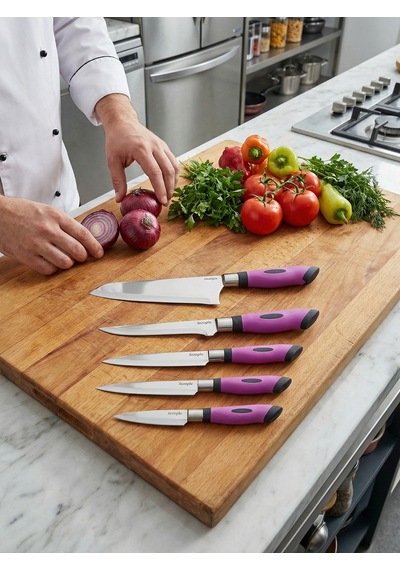 Chefline 5 Parça Mor Mutfak Bıçak Seti + Meyve Bıçağı Hediyeli Paslanmaz Çelik Mor