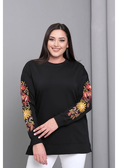 Aytemas Kolları Nakışlı Yırtmaçlı Sweatshirt Siyah