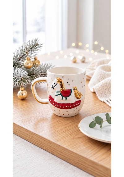 Atlı Karınca Seramik Mug 300 Ml El Yapımı 24k Altın Detaylı Yılbaşı Kupası Altın - Kırmızı