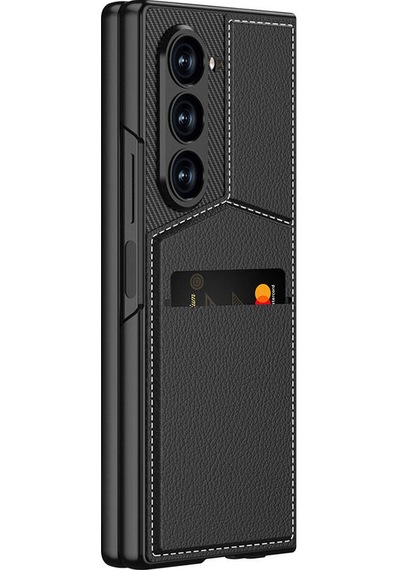 Galxy Uyumlu Z Fold 6 Kılıf Karbon Fiber Deri Kartlıklı Zore Kıpta Dik Açılan Kartlıklı Kapak-siyah Siyah