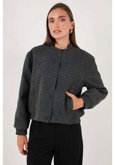 Lela Loose Fit Sıfır Yaka Çıtçıtlı Kaşe Kısa Bayan Mont 6810178 Antrasit
