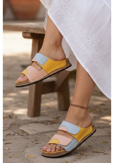 Napa Shoes Hakiki Deri Renkli Bantlı Rahat Taban Günlük Kadın Terlik Napa-305 Sarı