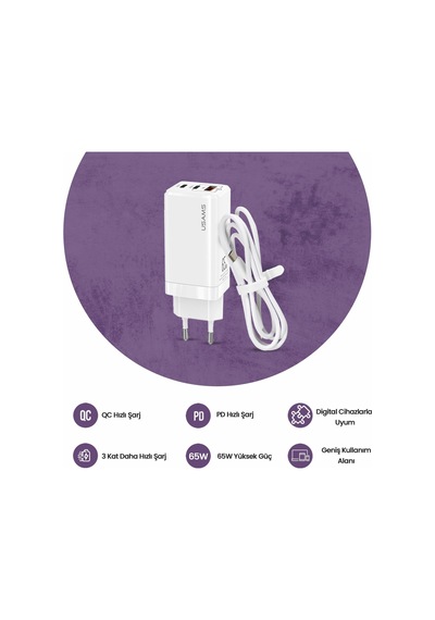 Usams US-CC110 65W GaN Şarj Başlığı + US-SJ459 100W Type-C to Type-C Şarj ve Data Kablosu Hızlı Şarj Kiti