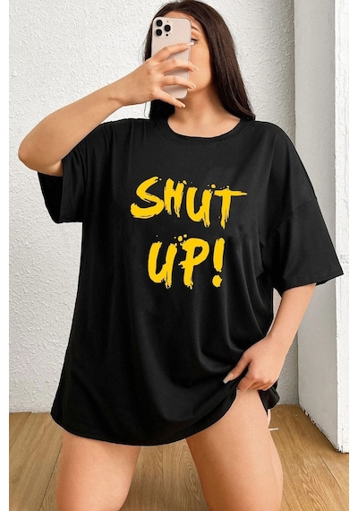 Unisex Shut Up Baskılı Kısa Kol T-shirt SIYAH