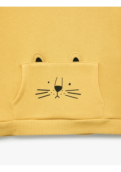 Koton Kedi Baskılı Kanguru Cepli Uzun Kollu Şardonlu Sweatshirt Sarı 7wmb10020tk