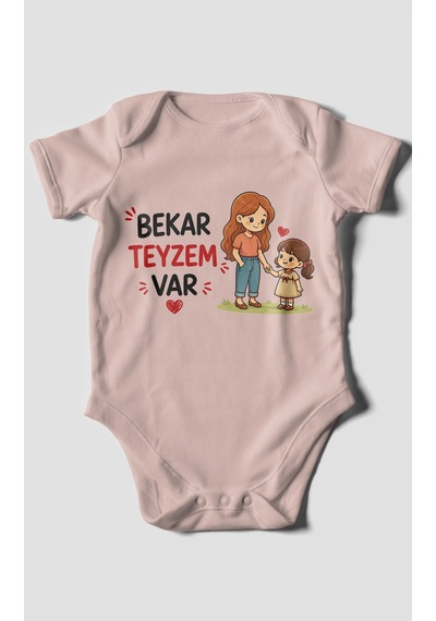 Morivokids Bekar Teyzem Var Kısa Kollu Bebek Body %100 Pamuk Pastel Pembe