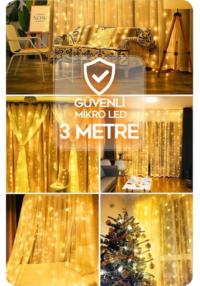 Vtn-67 10 Saçaklı 300 Ledli Sarı Led Kumandalı 8 Modlu Perde Led