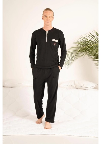 Estiva Gd Goldoremi 23403 Erkek Kışlık Yuvarlak Yaka Cepli Pamuklu Pijama Takımı Siyah