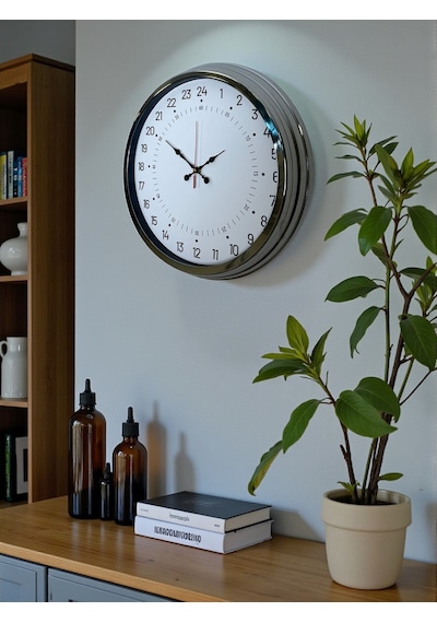 Krom 40 Cm Metal 24 Saat Göstergeli Özel Tasarım Duvar Saati
