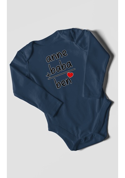 Anne Baba Ve Ben Baskılı Bebek Zıbını Çıtçıtlı Body %100 Pamuk Uzun Kol Lacivert