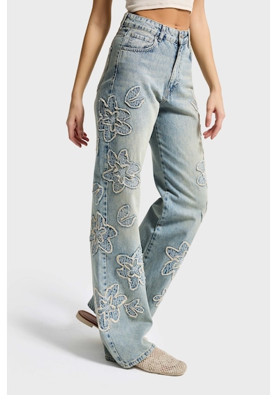 it's basic Kadın Kot Rengi 4s6-67 Straight Fit Yüksek Bel Nakış Detaylı Özel Tasarım Denim Jean Mavi