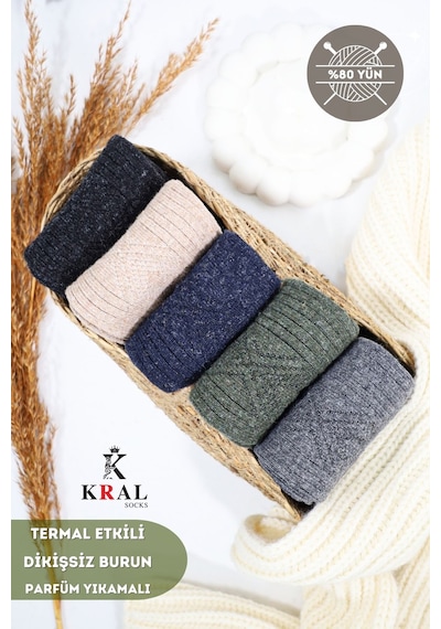 Kral Socks Kışlık Termal Etkili Lambswool Kuzu Yünlü Unisex Çorap 5'li Paket Çok Renkli