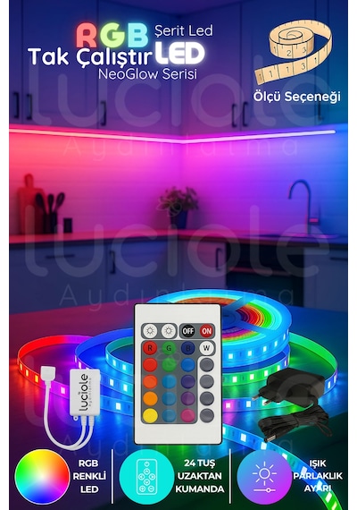5 Metre Neoglow Serisi Rgb Led Işık Bandı 24 Tuş Kumandalı 60 Çipli Tak Çalıştır Set