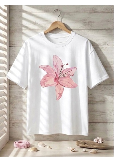 Pembe Zambak Baskılı Oversize Kompak T-shirt Beyaz