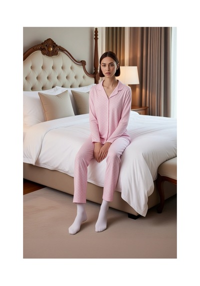 Ersefa Kadın Fiyonk Desenli Gömlek Yaka Pijama Takımı Fonksiyonel Dayanı Pembe