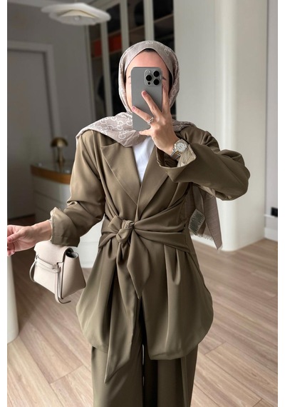 Ka Hijab Yandan Bağlamalı Ceket Takım - Yeşil