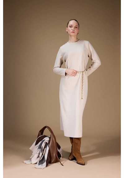 Defacto Regular Fit Bisiklet Yaka Uzun Kollu Kemerli Maxi Elbise G1885ax25wnbg387 Bej-bg387