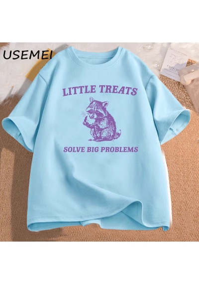 Flood Of Style Küçük Davranır Büyük Sorunları Çözmek Komik Rakun Baskı T Shirt Erkek Kadın Moda Harajuku Ret Mavi