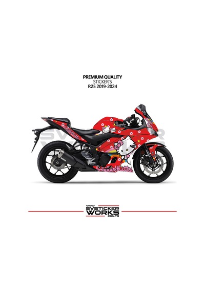 Yamaha R25 Hello Kitty Kaplama Sticker Motor Kaplama Modeli Hazır Kit 2019 / 2024 Uyumlu Kırmızı