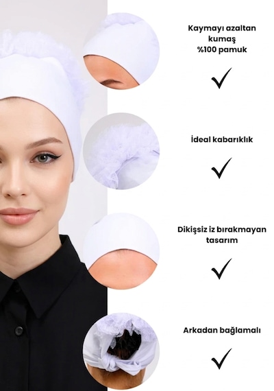Alivascarf Fırfırlı Dikişsiz Penye Bone - Kadın Tesettür Bağlamalı Topuz İç Bone Beyaz