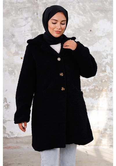 Bestenur Çift Cepli Tesettür Peluş Kap 1245 - Siyah
