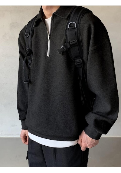 Genius Store Polo Yaka Yarım Fermuar Oversize Erkek Sweatshirt - Siyah