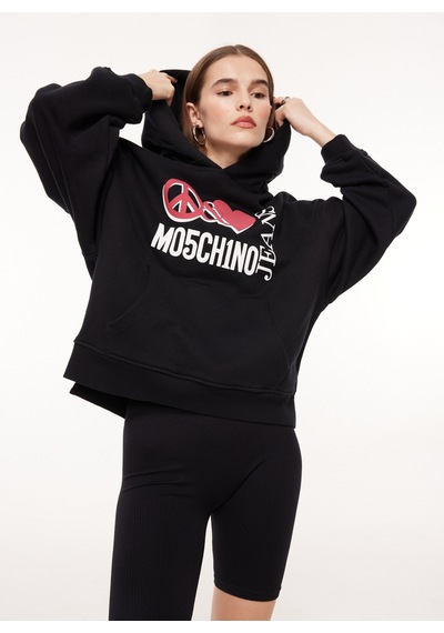 Moschino Jeans Kapüşon Yaka Baskılı Siyah Kadın Sweatshırt A1710