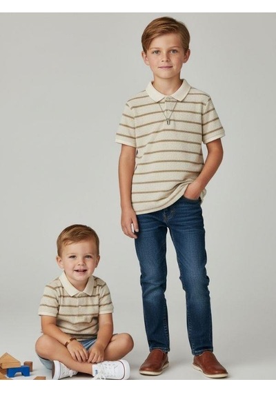 Zekids Erkek Çocuk Yakalı Yarım Kollu Düğmeli Triko T-shirt-16804 Bej