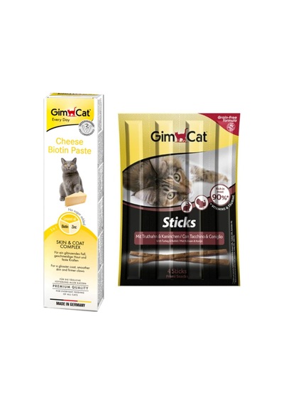 Gimcat Cheese Paste Peynirli Biotinli Kedi Macunu 50 G + Gimcat Sticks Hindi Etli ve Tavşanlı Kedi Ödül Çubukları 4 x 5 G