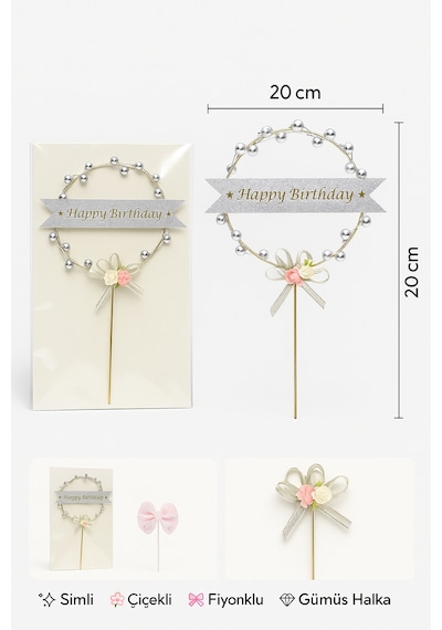 Gümüş Halkalı Happy Birthday Pasta Süsü Çiçekli Fiyonklu Parlak Doğum Günü Dekoru
