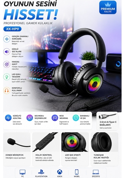 Oyuncu Kulaklığı Mikrofonlu Rgb Led Işıklı 3.5mm Type-c Pc Ps Xbox Uyumlu