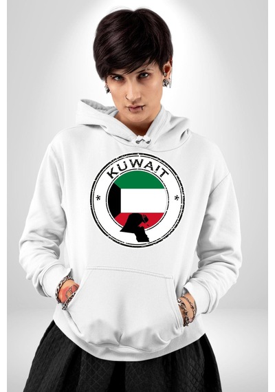 Kuveyt Bayrağı Kadın Erkek Beyaz Kapüşonlu Sweatshirt Hoodie Beyaz