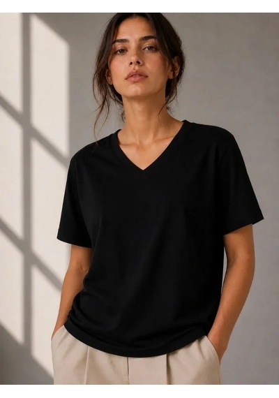 Valensdesign V Yaka Basic Tişört Kısa Kol Yazlık Regular Fit T-shirt - Siyah