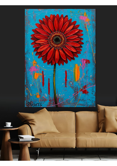 Ahşap Tablo Kırmızı Çiçek Soyut Sanat