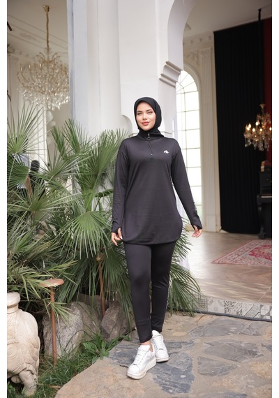 Mimi Luxury Wear Siyah Kadın Fermuarlı Dalgıç Kumaş Standart Kalıp Jogger Eşofman Takımı 358