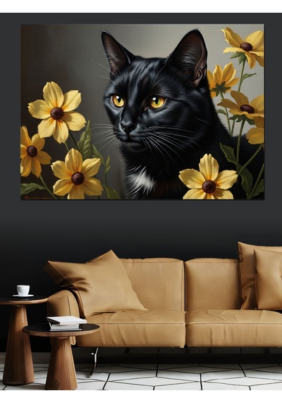 Ahşap Tablo Çiçekler İçinde Siyah Kedi Portresi Şehir Tabloları