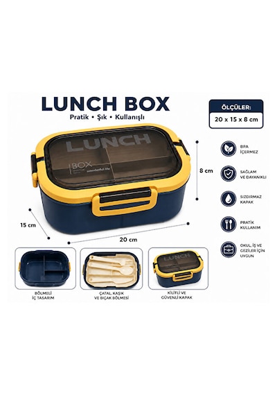 Bölmeli Lunch Box Sızdırmaz Kapaklı, Çatal Kaşık Bıçaklı Pratik Yemek Saklama Kabı Beslenme Kabı Lacivert