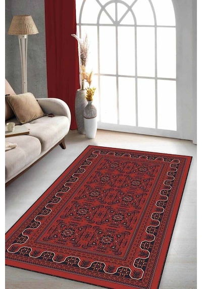 Bordo Karabağ Kaymaz Tabanlı Makinede Yıkanabilir Halı Rv353n11