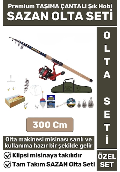 Premium Kullanıma Hazır Şık Taşıma Çantası Hediyeli Balıkçı Hobi Tam Takım Sazan Olta Seti 300 Cm