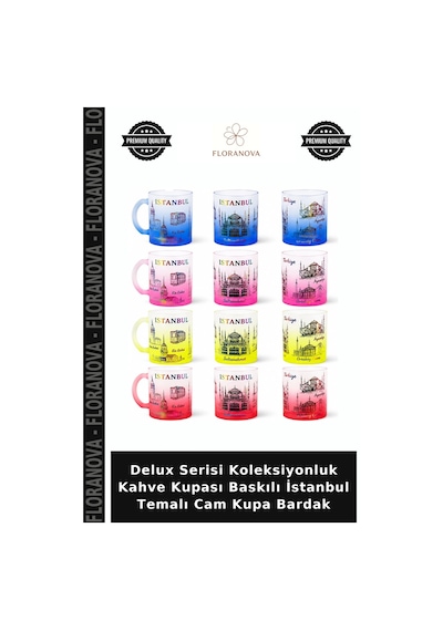 Delux Serisi Koleksiyonluk Kahve Kupası Baskılı İstanbul Temalı Cam Kupa Bardak Çok Renkli
