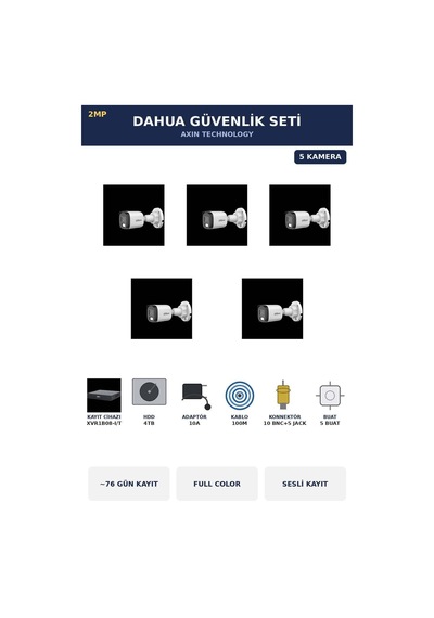 5 Kameralı 2mp Güvenlik Kamera Seti Gece Renkli Full Color Sesli Bullet 4tb 76 Gün Kayıt