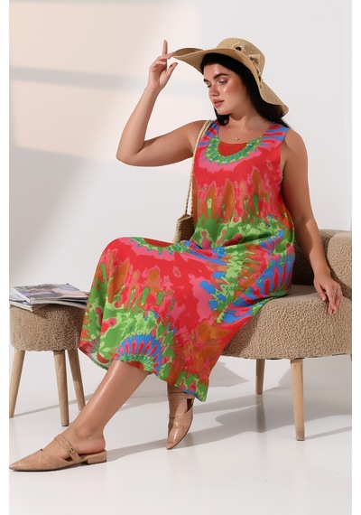 Likapa Yazlık Askılı Viskon Elbise 2691 Pembe Yeşil Batik